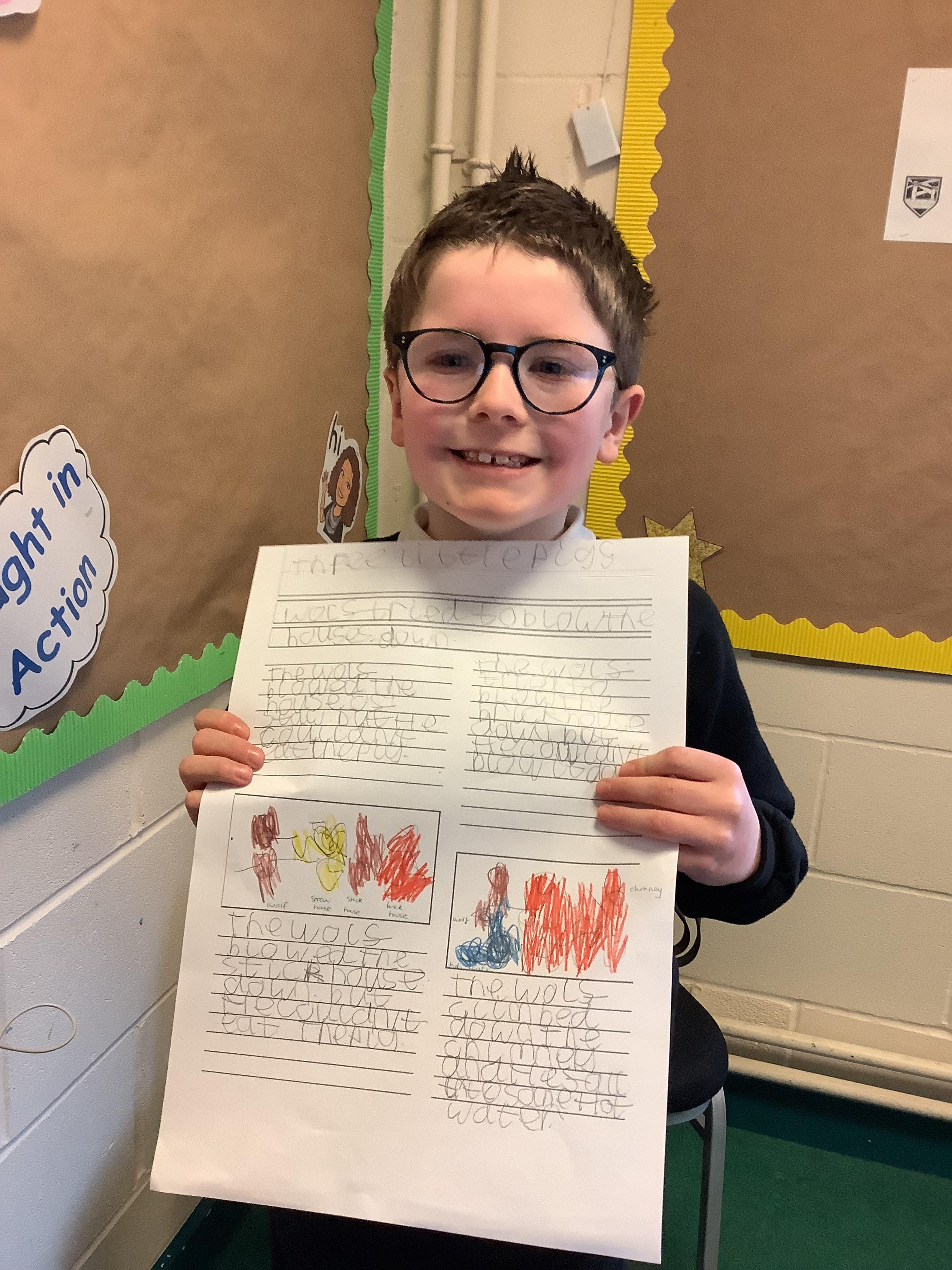 Super writing for Daniel today., sporting his new glasses.